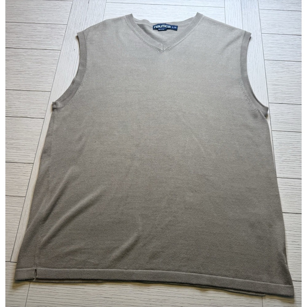 Nautica Men's Silk Cotton Blend Tan Beige V Neck‎ Sweater Vest. Sz L